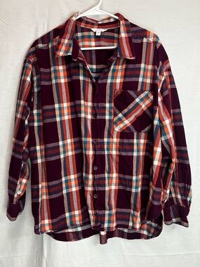 Time and Tru Plaid Button Down Shirt Burgundy Orange Blue Size 3X Cotton
